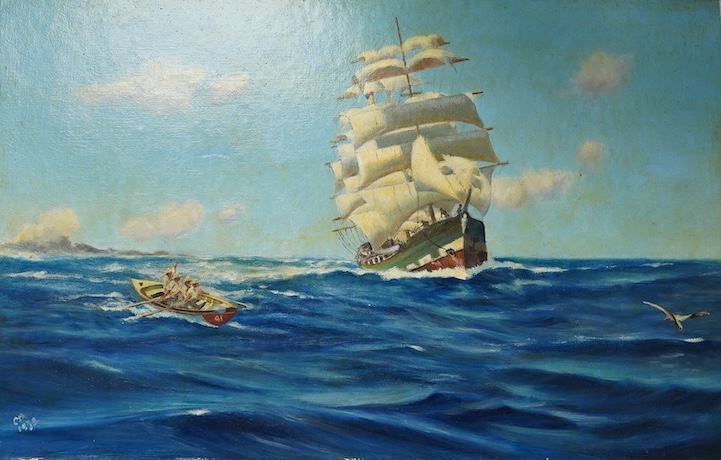 20th century School, Maritime interest oil on canvas board, Shipping scene, indistinctly monogrammed and dated 1936, 29 x 45cm, unframed. Condition - would benefit from a clean